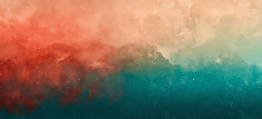 Digital grunge gradient background, texture with subtle grain, warm red fading into cool teal, abstract watercolor background with clouds