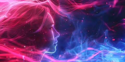 Modern and Vibrant: Digital Pixelated Human Face Against Glowing Data Streams Background. Concept Digital Art, Technology, Data Visualization, Abstract Portraits, Futuristic Concepts