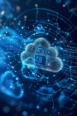 A padlock icon hovering in the center with a cloud shape in the background, surrounded by digital shields and encrypted codes, signifying robust cloud security and data protection.