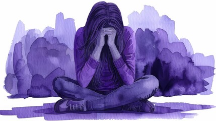 girl sits in sad posture, crying, depression, purple watercolor painting