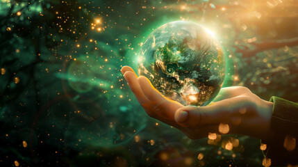 A green planet held in the hands, referring to environmental protection, care for the earth, the fragility of the earth