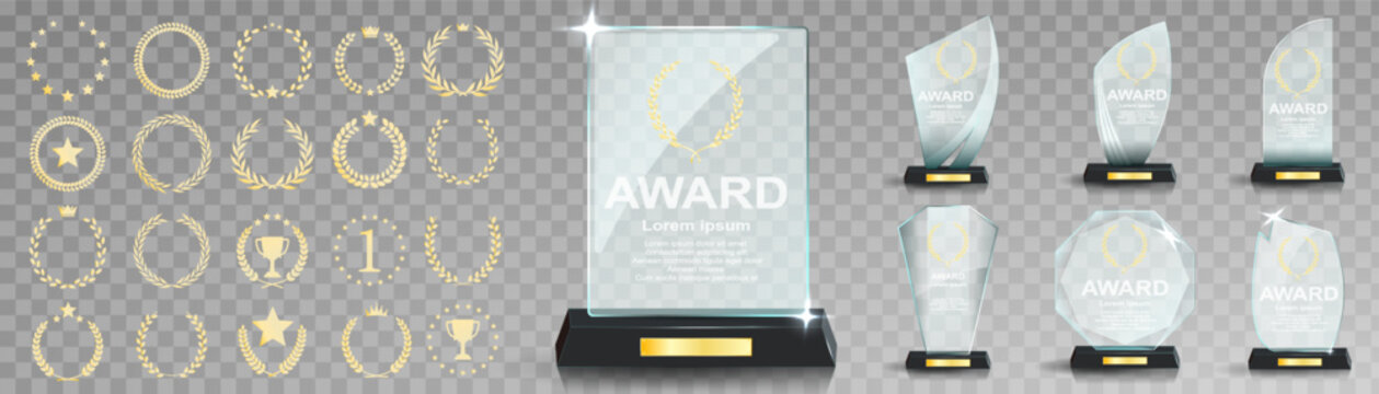 Glass award trophy set. Transparent prize template. Winner first place concept. Vector illustration. Winner glass trophy. First place award, crystal prize and signed acrylic trophies. Glass awarding t