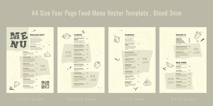 Restaurant cafe menu, template design. A4 size, Four page food menu template