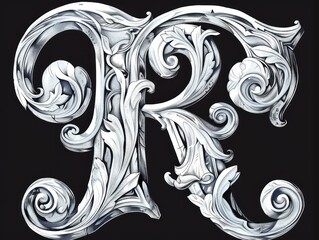 R letter, in baroque realism graceful sculptures scroll, black background