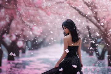 Sakura Symphony: Elegant Woman in Black Among Cherry Blossoms