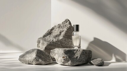 Minimalist Perfume Mockup with Natural Stone Elements. Generative AI