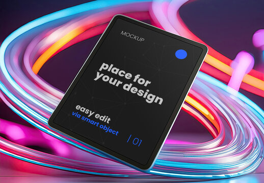 Floating Tablet Screen mockup with colorful tech background 02 Generative Ai
