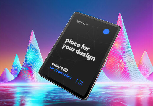 Floating Tablet Screen mockup with colorful tech background 03 Generative Ai