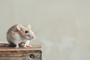 A Rat on Wooden Surface. A cute rat sitting on a wooden surface against a plain background.