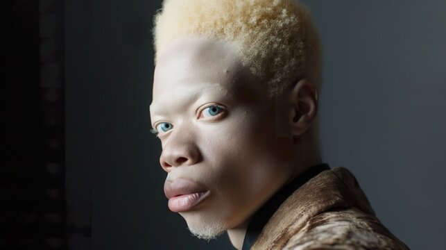 Close-up portrait of african american albino man with blue eyes