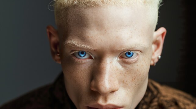 Studio portrait close-up of albino man with blue eyes