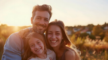 A warm, candid photo of a happy family smiling together outdoors at sunset, capturing a moment of joy and togetherness.