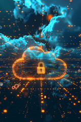 A padlock icon hovering in the center with a cloud shape in the background, surrounded by digital shields and encrypted codes, signifying robust cloud security and data protection.