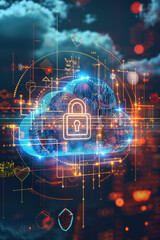 Fototapeta premium A padlock icon hovering in the center with a cloud shape in the background, surrounded by digital shields and encrypted codes, signifying robust cloud security and data protection.
