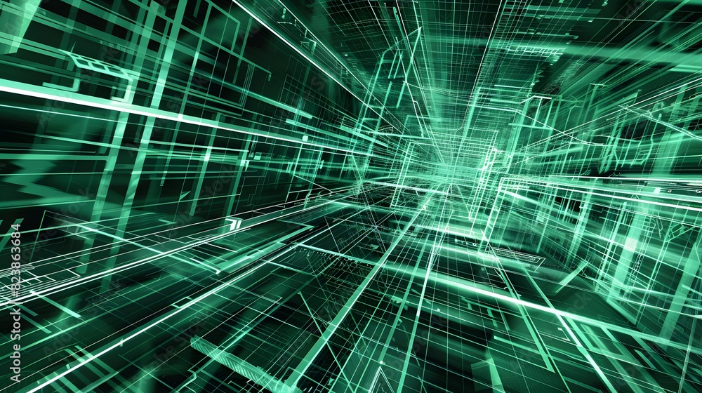 Poster futuristic digital landscape with swirling green lines and grids, illustrating concepts of data tran