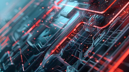 Fototapeta premium Abstract digital circuitry with vibrant blue and red hues, showcasing advanced neural networks and data transfer technology.