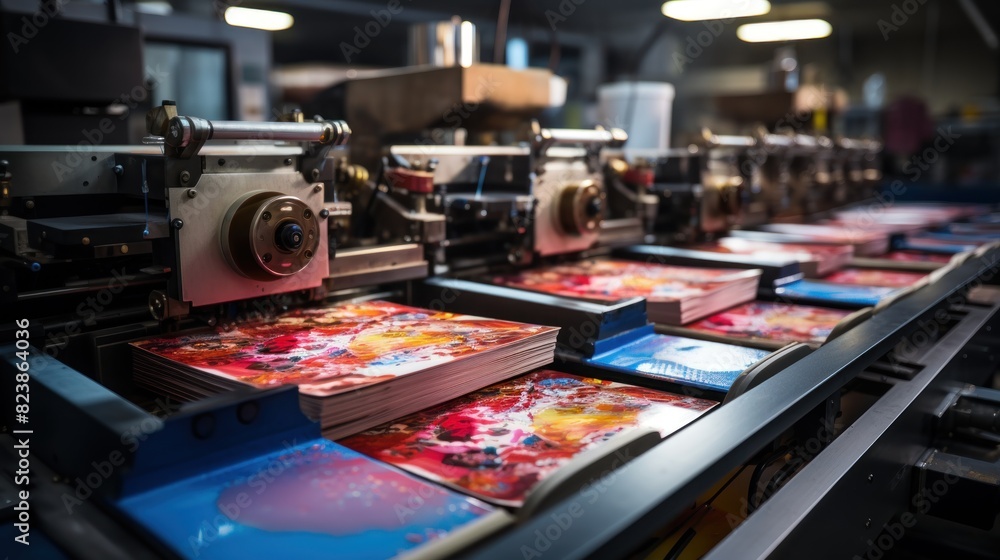 Poster this image captures a printing press machine in the process of producing vibrant, colorful printed m