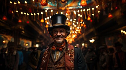 Fototapeta premium A charming showman dressed in vintage clothing stands among vibrant carnival lights, portraying charisma