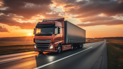 A modern semi truck drives down an empty highway as the sun sets, casting golden light on the scene