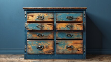 A rustic blue-painted wooden cabinet with distressed finish and metal brackets, exudes charm and vintage beauty