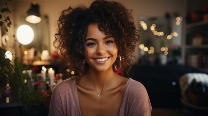 Obraz premium Radiant curly-haired young woman with a sparkling smile in a cozy, warmly lit room