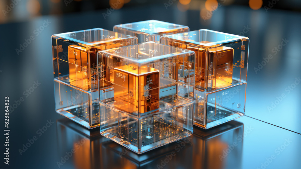 Poster shiny metallic cubes in a complex, futuristic network on a reflective surface