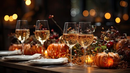 A festive autumnal table setting with wine glasses and decorative pumpkins - Powered by Adobe