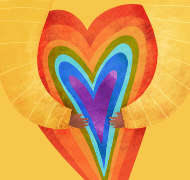 Cropped hands hugging a rainbow heart