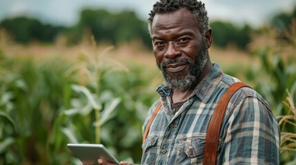 An African American male farmer is using a digital tablet in the cornfield, implying modern agriculture practices - Powered by Adobe