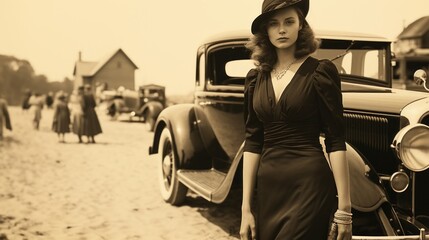 Naklejka premium A sophisticated woman styled in 1920s attire stands elegantly near a classic car on a vintage beach setting