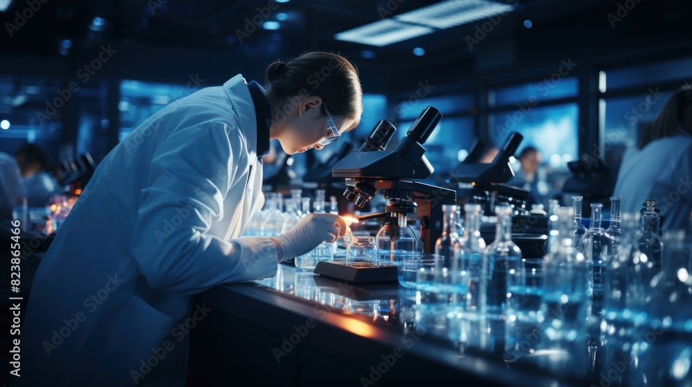 Aufkleber a focused scientist analyzes samples using a microscope in a modern blue-toned laboratory setting