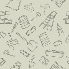 Seamless black and white pattern with construction and repair items. Editable illustration for gift paper, background