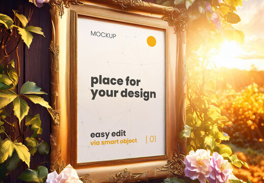 Poster Page Frame with Vine Plants Green Forest Sunlight Mockup 02 Generative Ai