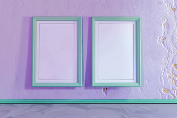 a mock-up featuring two empty posters in teal frames against a lavender wall.