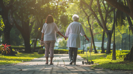 Two Elderly Women Walking Down Path Holding Hands