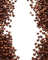 Frame border of coffee beans arranged on a white background,