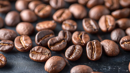 Closeup of coffee beans on a dark background,