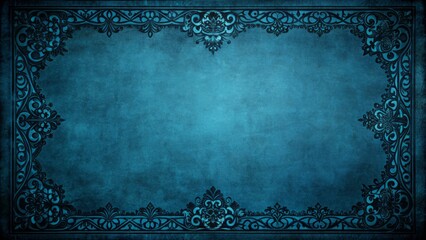 Dark blue background texture with black vignette in old vintage textured border design dark elegant teal color wall.