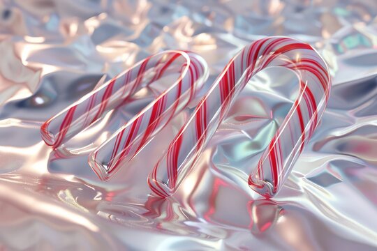Side view of two intertwined candy canes, red and white stripes, carefully wrapped in glossy cellophane, digital 3D rendering, high gloss finish, detailed reflections and shadows