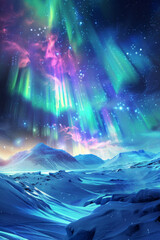 A mesmerizing display of the aurora borealis, with vibrant ribbons of green, purple, and blue light dancing across a starry sky above a pristine snowy landscape