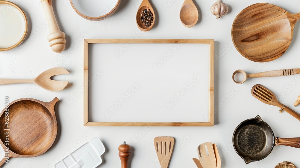 Wall mural Top View of various cooking ware. Different kitchen utensils on white background. Generative AI