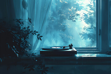 A record player in a darkened room with curtains fluttering in the wind, creating a melancholy scene