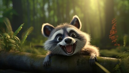 Obraz premium Smiling Raccoon A Happy Moment in the Summer Forest
