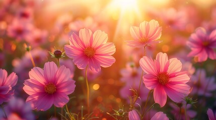 Warm sunlight illuminates a lush field of pink cosmos flowers, creating a dreamy, tranquil atmosphere