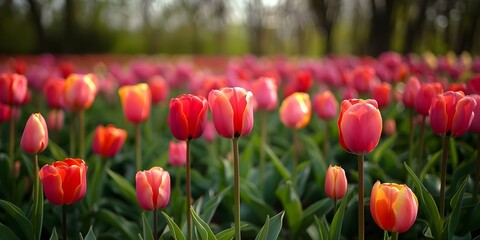 Tulip field with blurred background and vibrant foreground flowers. Concept Tulip Field, Blurred Background, Vibrant Flowers, Nature Photography, Spring Blooms