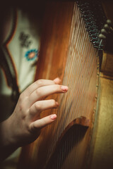 hands on the strings of a musical instrument close-up