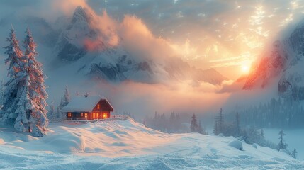 A serene snowy scene with a warm, lit cabin in the mountains during sunset, encapsulating a sense of peace and isolation