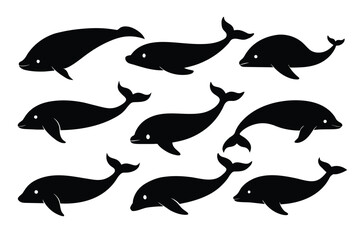 set of Baleen whale black silhouette vector on white background