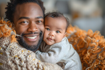 Obraz premium Happy smiling black man father plays with daughter or son child. Caring father hugs his baby tenderly. Father's Day or Children's Day concept