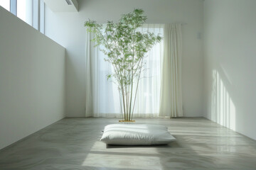 A calming, minimalist yoga space designed for ultimate tranquility. The room showcases smooth, polished concrete floors and matte white walls. A single bamboo plant in the corner.